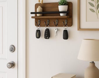 Wooden Wall Shelf with Key Hooks – Entryway Wall Organizer, Practical Storage and Home Decor