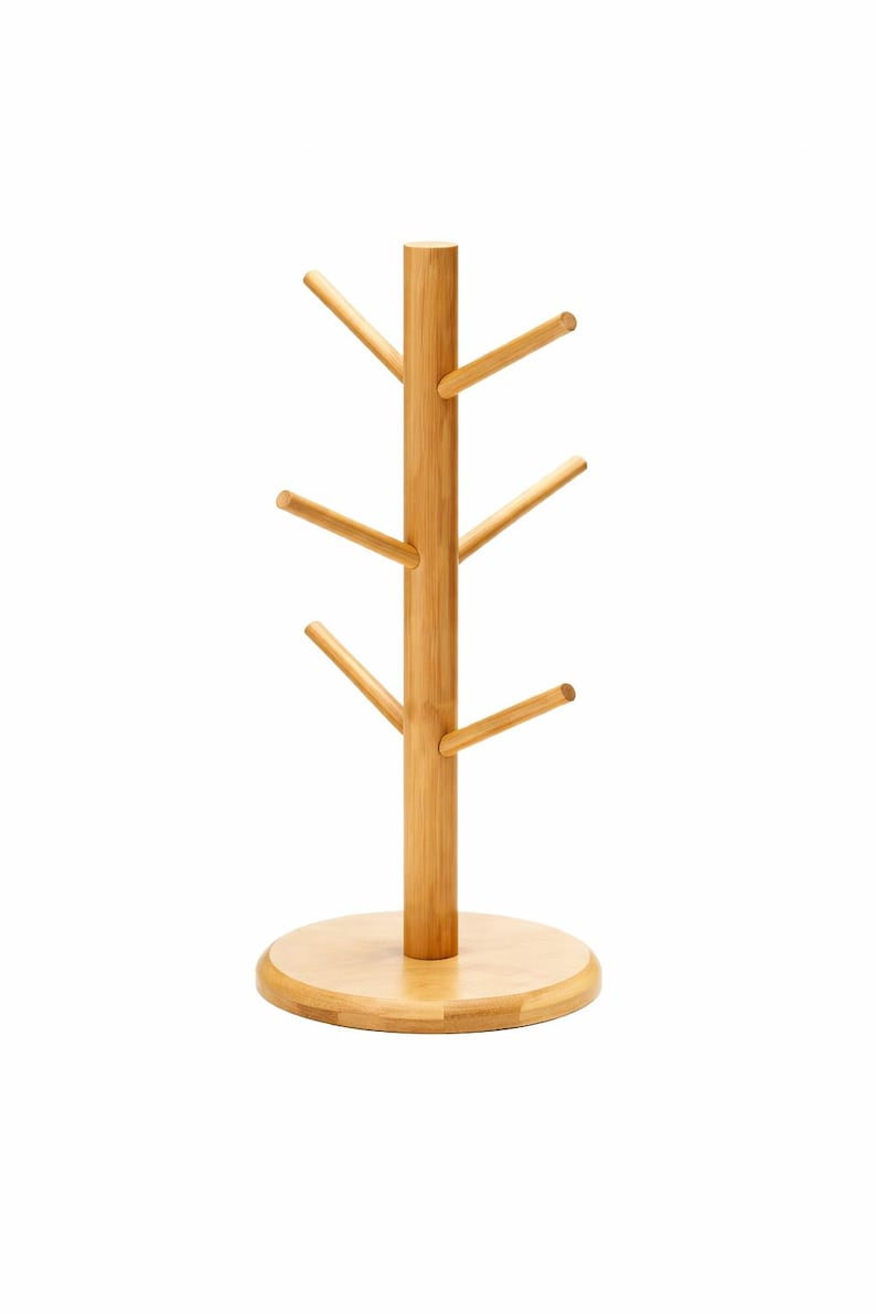 Bamboo Wood Coffee Mug Tree with 6 Hooks, Rustic Mug Holder Rack, Farmhouse Kitchen Coffee Station Decor, Housewarming Gift for Coffee Lover image 7