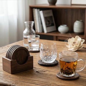 Walnut Wood Coasters (Set of 6) – Elegant, Round, Japanese Style, Decorative and Heat-Resistant for Drinks