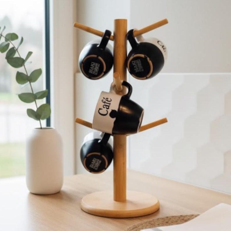 Bamboo Wood Coffee Mug Tree with 6 Hooks, Rustic Mug Holder Rack, Farmhouse Kitchen Coffee Station Decor, Housewarming Gift for Coffee Lover image 6