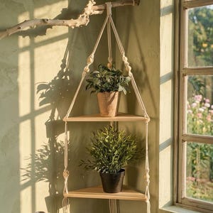 May include: A macrame plant shelf with two wooden tiers, suspended from a natural branch. The shelves hold potted plants. The design is a corner shelf, with a light green wall and a window in the background. The shelves are made of wood.