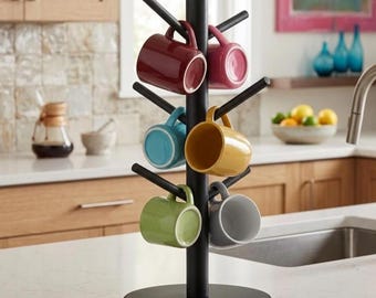 Wooden Mug Tree | Handmade Coffee Cup Holder | Rustic Kitchen Mug Stand – 6 Hooks for Hanging Mugs – for Your Coffee Station or Kitchen