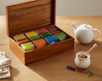May include: A wooden tea box with a hinged lid, filled with colorful tea bags. A white teapot, a small honey pot with a wooden dipper, and a sprig of lavender are on a wooden surface. The tea box is open, revealing various tea flavors.