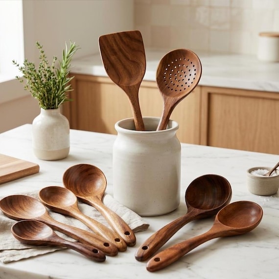 Teak Wood Kitchen Utensil Set, Natural Wooden Cooking Spoons and Spatula, Eco Friendly Heat Resistant Tools, Housewarming Gift for Mom