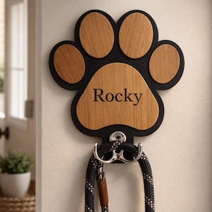 Personalized Dog Leash Holder, Custom Dog Name Leash Hook, Wooden Paw Leash Holder, Dog Leash Wall Hook, Dog Lover Gift, Dog Organizer