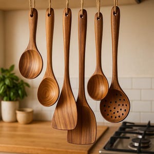 Może przedstawiać: Zestaw sześciu drewnianych przyborów kuchennych, w tym łyżek, łopatki i łyżki cedzakowej. Przybory wiszą na haczykach i mają naturalne wykończenie z drewna.