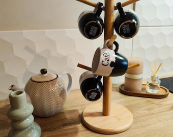 Bamboo Wood Coffee Mug Tree with 6 Hooks, Rustic Mug Holder Rack, Farmhouse Kitchen Coffee Station Decor, Housewarming Gift for Coffee Lover