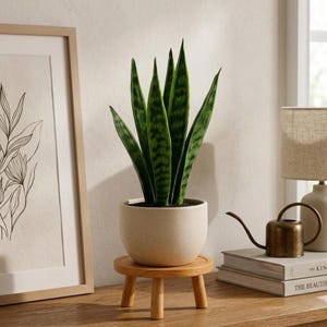 Op de afbeelding: Een slangplant met groen en geel gestreepte bladeren in een gespikkelde beige pot, geplaatst op een kleine, driepotige houten plantenstandaard. Een ingelijste botanische print en een messing gieter staan op de achtergrond.