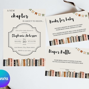 Pacote de convites para chá de bebê com tema de livro fofo | Fácil de editar | Sorteio de fraldas e livros para cartão de bebê inclusos | Digital ou impresso