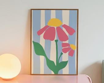 Pink Abstract Floral Print: Blue Stripes Dopamine Decor Girl Apartment Art (Digital Download)