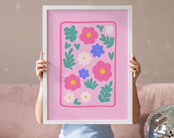 Pink Whimsical Floral Print: Dopamine Colors Girl Apartment Art (Digital Download)