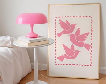 Pink Doves Art Print: Whimsical Cottagecore Wall Art (Digital Download)