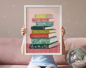 Stacked Books Print: Cozy Cottagecore Bookish Poster Reading Nook Painting (Digital Download)