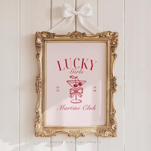 Retro Trendy Bar Cart Cocktail Poster | Lucky Girls Martini Club Print Happy Hour Print Cute Girly Apartment Art | Digital Download