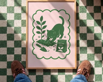 Lámina con diseño de gato en el jardín: Póster de jardinería moderno en rosa y verde (descarga digital)