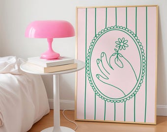 Ilustración floral minimalista de margaritas: Chica en un apartamento con un estilo caprichoso de dibujo lineal en rosa y verde (Descarga digital)