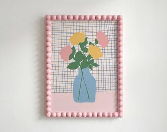 Pastel Floral Vase Print: Trendy Checkered Flowers Bouquet Poster (Digital Download)