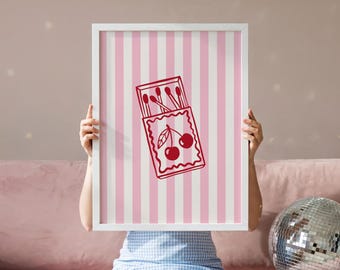 Retro Matchbox Art Print: Coquette Cherries Trendy Matchbook Poster Art Pink Aesthetics Poster Girly Apartment Art (Digital Download)