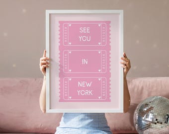 Trendy Ticket Poster: New York City Print NYC Pink Retro Ticket Art Location Wall Art Cute Girly Apartment Art (Digital Download)