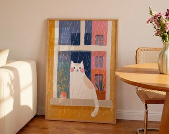 White Cat Poster: Trendy Maximalist Illustration Animal Art Pet Portrait (Digital Download)