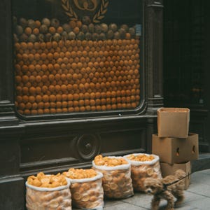 May include: A storefront window display with a large wall of oranges behind a wooden counter. There are several boxes stacked in front of the counter.