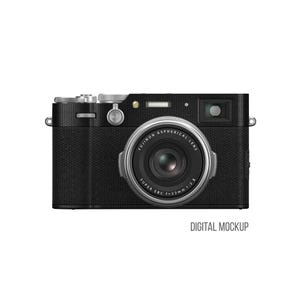 May include: A black digital camera with a textured body and silver metallic dials. The lens is labeled FUJINON ASPHERICAL LENS SUPER EBC f=23mm 1:2 II. The camera features a viewfinder, a shutter button, and the text DIGITAL MOCKUP in the corner.