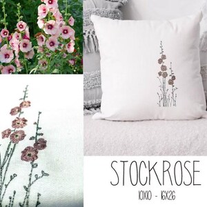 May include: Embroidered cushion featuring a delicate design of pink stock roses on a white background. The cushion is 10x10 to 16x26 inches.