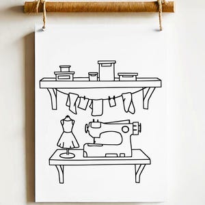 May include: Black and white line art illustration of a sewing room. A sewing machine sits on a table, with a dress form and hanging garments. Shelves above hold boxes. The artwork is displayed on a white background.