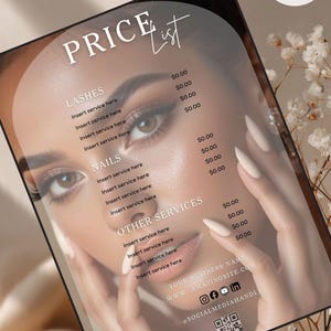 Peut inclure: Une liste de prix pour les services de beauté, avec les mots "PRICE List" en haut. La liste comprend des services pour les cils, les ongles et d'autres services. L'image a un visage de femme en arrière-plan, avec des réseaux sociaux et un code QR.