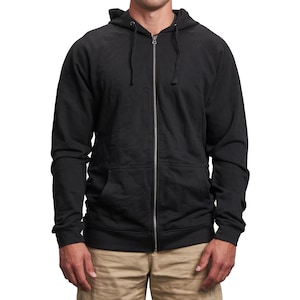 May include: A black zip-up hoodie with a hood and long sleeves.