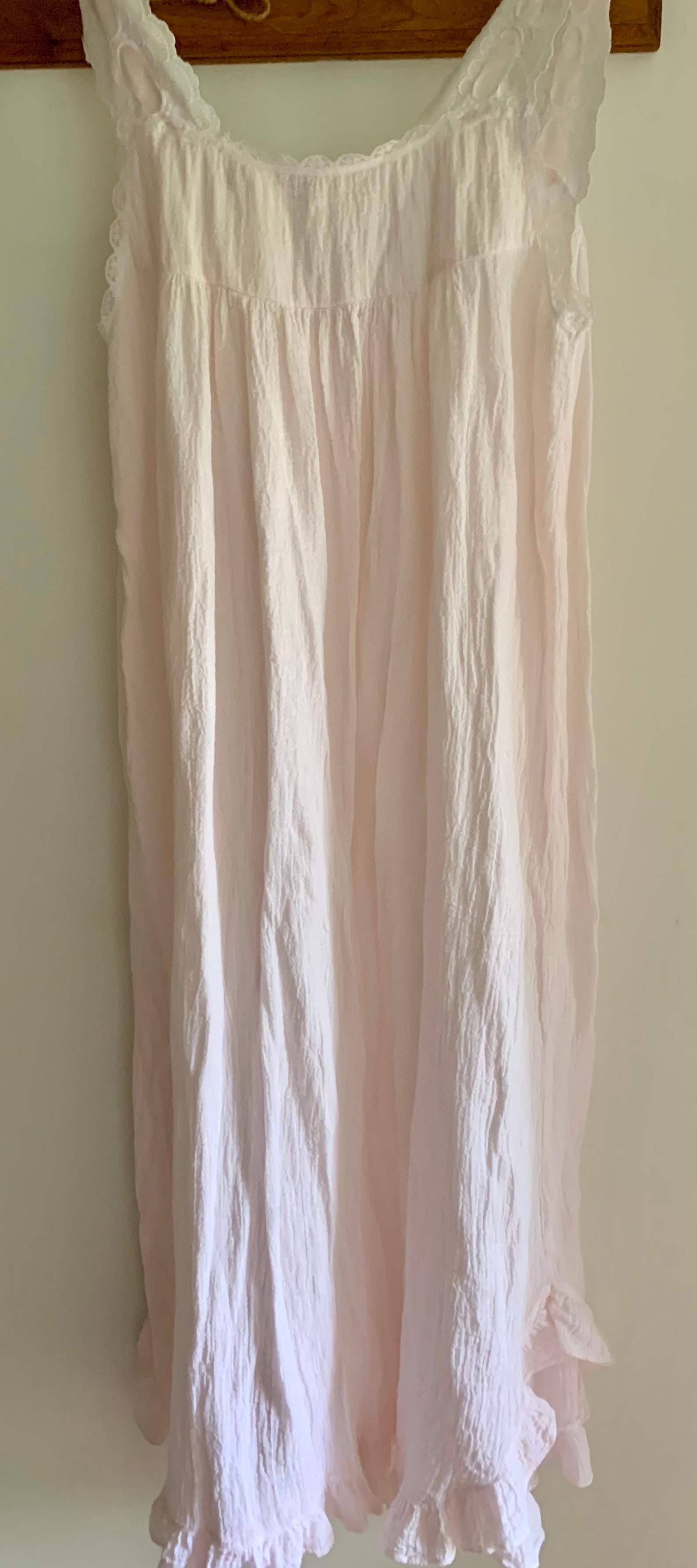 Vintage Pale Pink Cotton Gauze Romantic Nightgown Ribbon Neckline Strap
