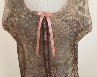 Vintage peach brown mesh ribbon lace leopard design paisley camisole