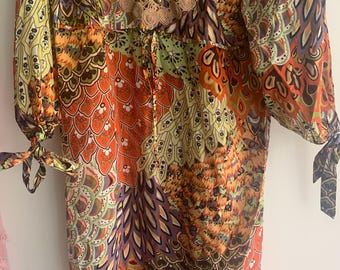 Vestido camisón de seda vintage con colores brillantes y lazos en las mangas Diane Samandi ¡pequeño!