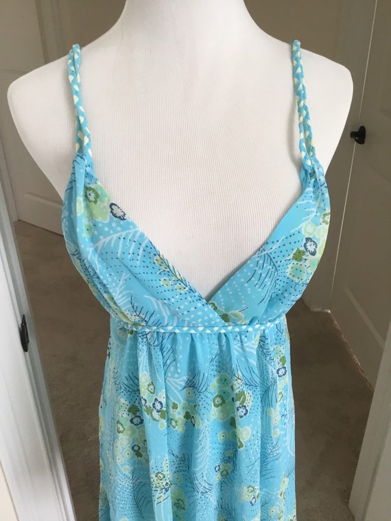 Vintage Blue Floral Crepe Baby doll nightgown Lar… - image 1