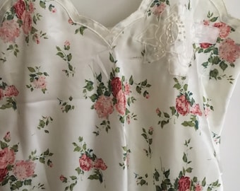 Vintage satin rose floral chemise night gown ruffle bottom Victoria’s Secret