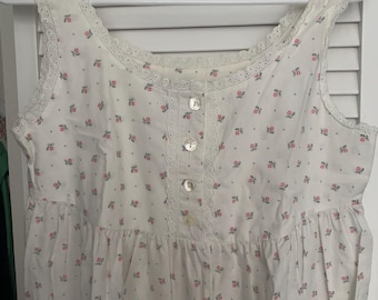 Cottagecore sweet pink rosebud print on ivory king Laura Ashley nightgown medium cotton summer eyelet trim! Rare UK made!