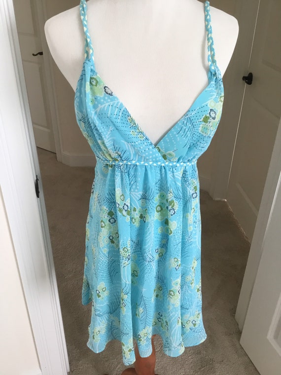 Vintage Blue Floral Crepe Baby doll nightgown Lar… - image 2