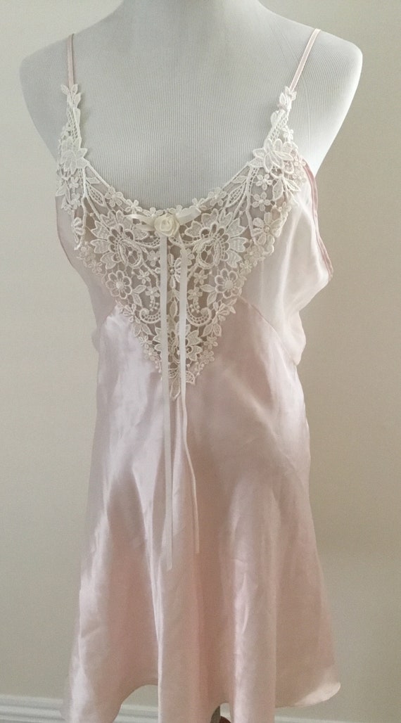 Vintage pink night chemise slip dress chiffon emb… - image 3