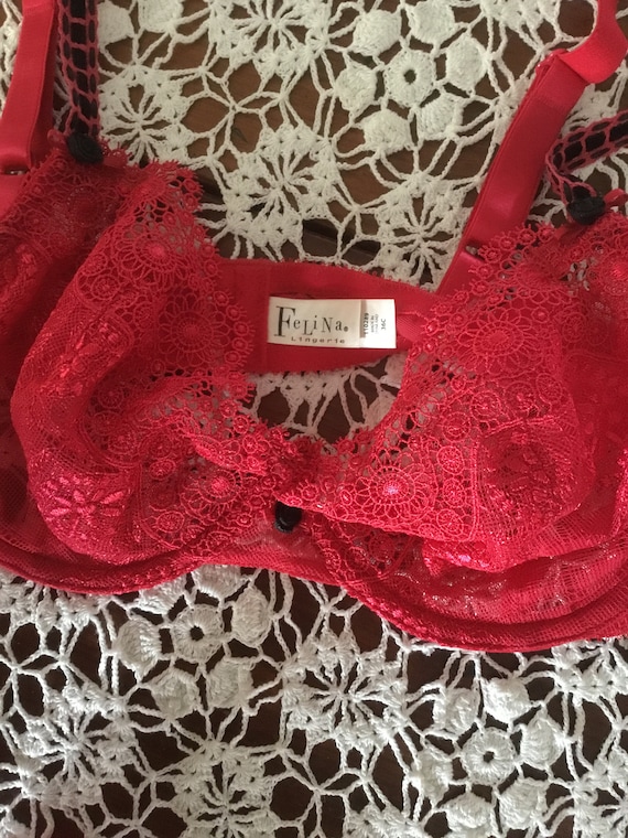 Valentines Red Bra Set Vintage Bikini Thong Matching 36C Felina