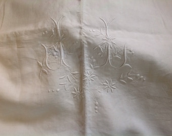 Antique French France Linen sheet with Monogram and scalloped edge