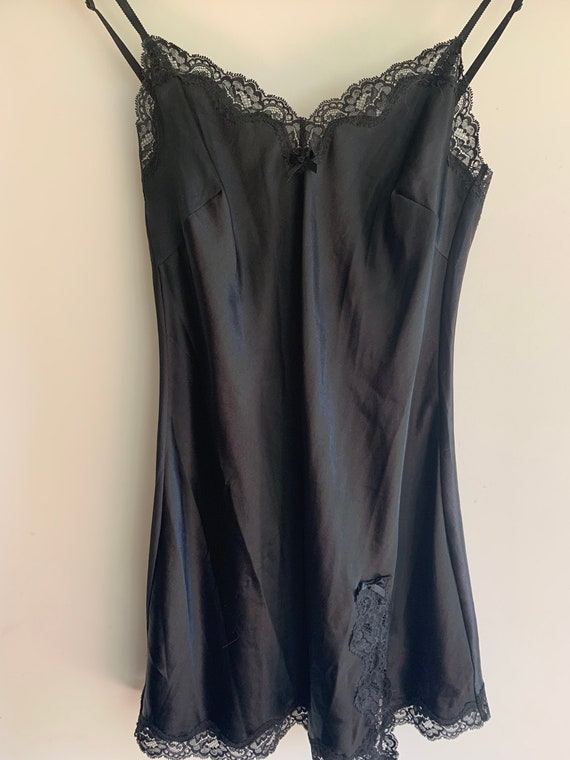 Vintage black satin short nightgown babydoll chem… - image 2