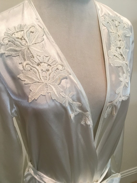 Vintage white satin long wrap style robe appliqués