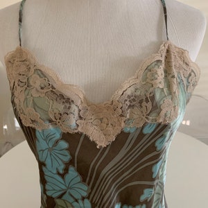 Super adorable 100% silk slip chemise aqua brown floral lace medium lovely!