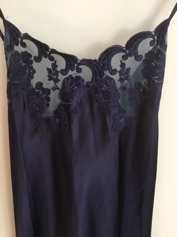 Dark Navy Blue Long Nightgown Satin Cross Straps Lace Inset Medium