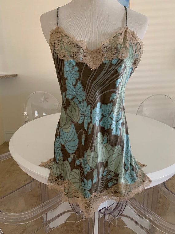 Super adorable 100% silk slip chemise aqua brown … - image 2