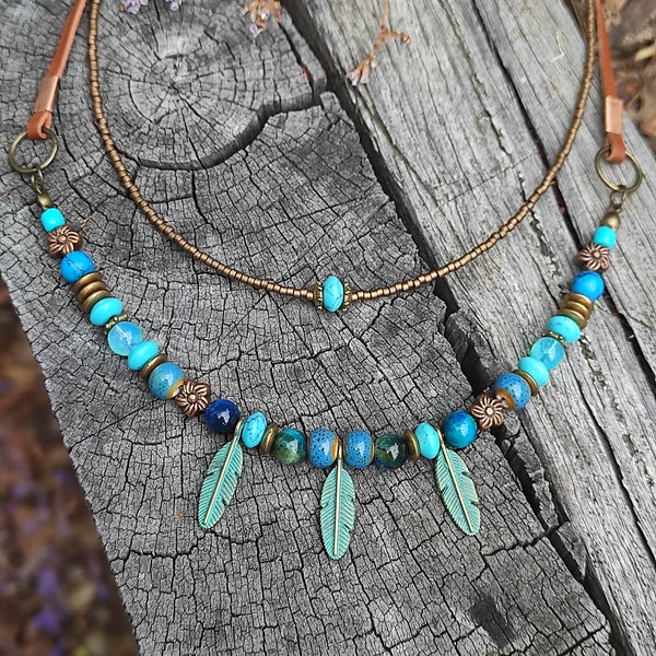 Kangaroo Lace Boho Necklace, Turquoise necklace, Leather necklace, Boho jewelry, Australian Jewelry, Bohemian Tribal jewelry, Ethnic Jewelry