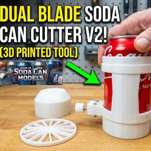 May include: A white 3D printed dual blade soda can cutter V2 tool holding a red Coca-Cola can. The device features adjustable side knobs and metal screws. Included are a separate white circular base and a flat, spoked white disc component.