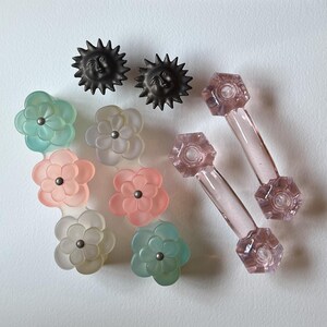 Drawer Knob and Pull Lot | Acrylic Flowers, Pink Glass Handles, Pewter Celestial Sun Knobs