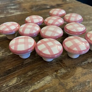 Set of 12 Hand-Painted Pink Gingham Ceramic Knobs – Vintage Plaid Cabinet Pulls (1.5" Diameter)