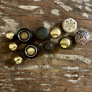 Vintage Hardware Lot of 11 Mismatched Knobs – MCM Bullseye, Brass, Textured Upcycle Cabinet Pulls